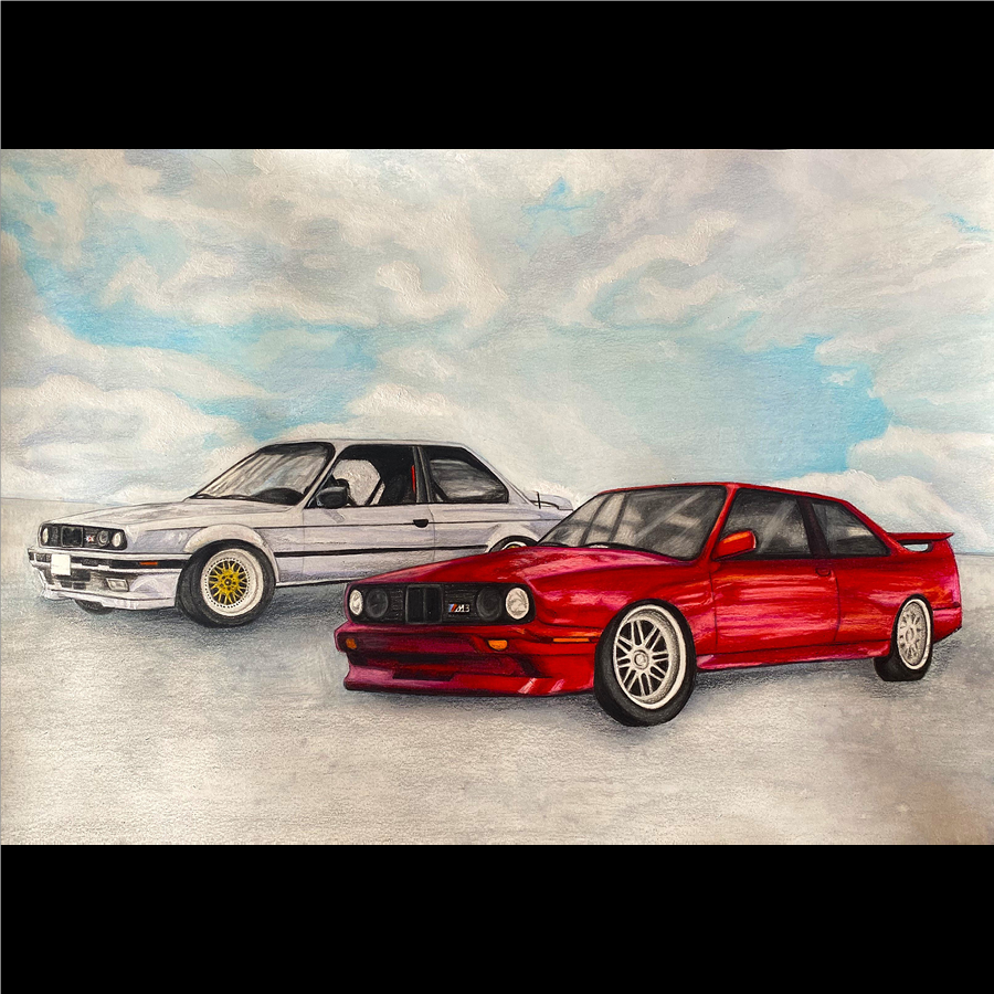 A piece of artwork created with ink and colored pencil of two BMW cars, a silver model and a red model, set against a background of a cloudy sky.