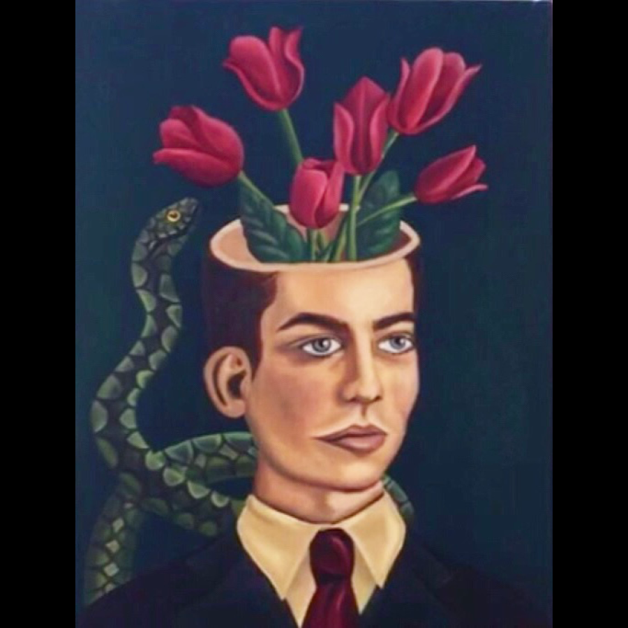 Painting of a man in a suit and tie, from the shoulders up, with an open top of his head filled with pink tulips. A snake wraps behind his shoulder and reaches upward towards the tulips, against a dark background.