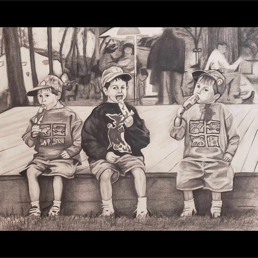 Sketch of three young boys sitting on a wooden bench, eating ice cream cones, with a park scene in the background.