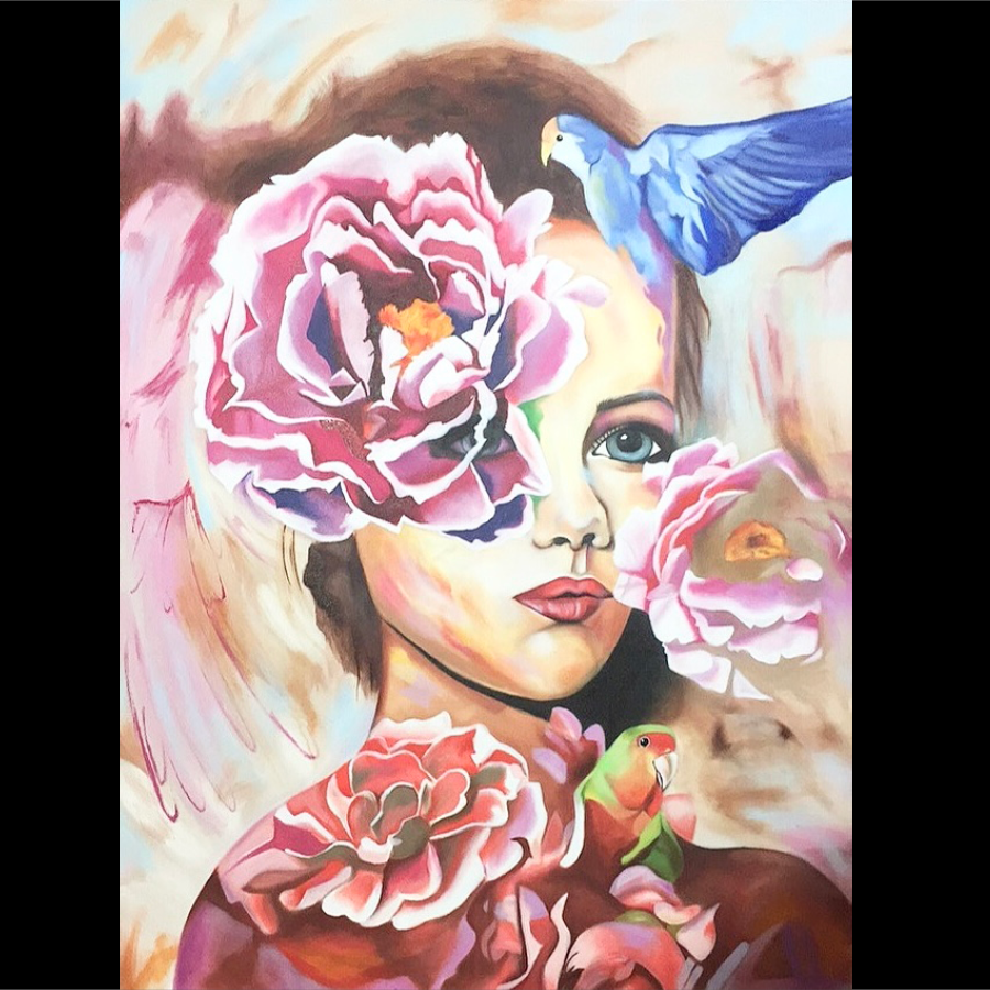 A colorful oil painting of a woman's face surrounded by large pink flowers, a blue bird flying near her head, and a green parrot perched on her shoulder.