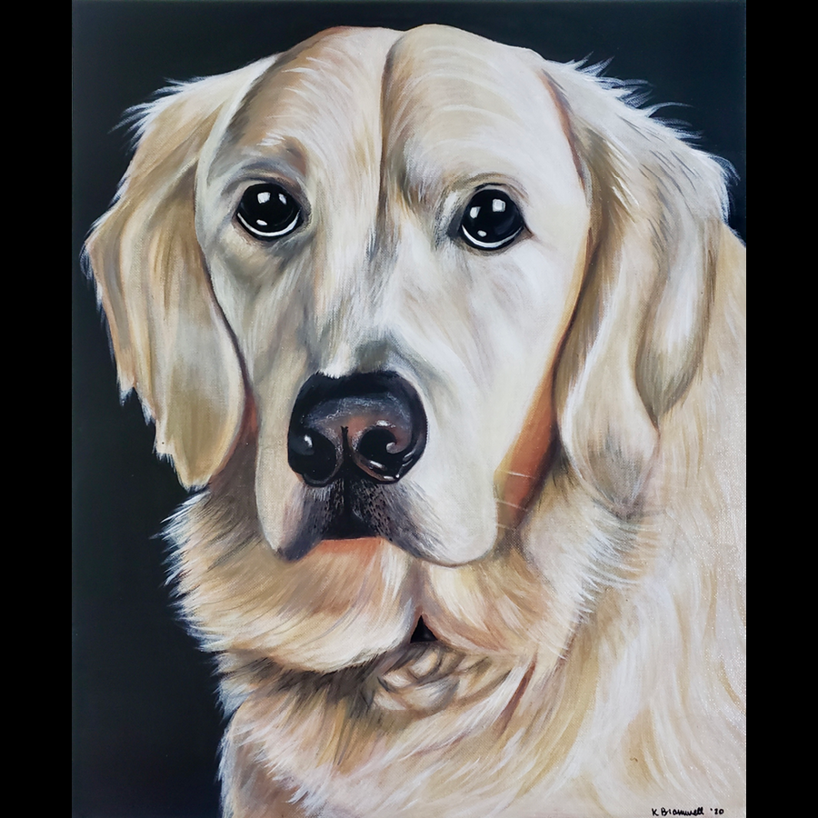 Acrylic and oil painting of a  cream colored golden retriever's portrait, with large, dark eyes and a shiny black nose, set against a dark background.