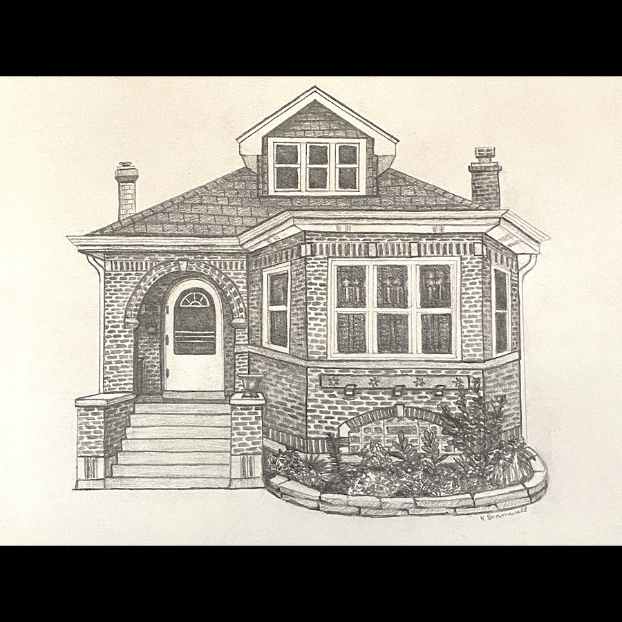 Sketch of a historic brick house with a front door, stairs, multiple windows, a small garden, and a gabled roof.