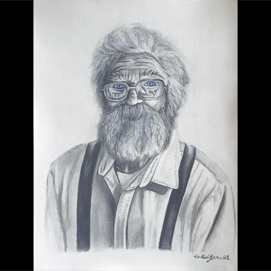 A grayscale pencil sketch of an elderly man with wild hair and a full beard, wearing glasses, a button-up shirt, and suspenders.