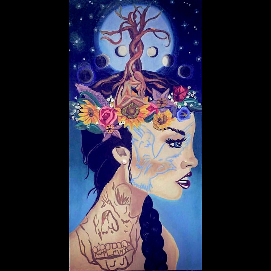 Acrylic painting of a woman's profile featuring a nighttime scene with a large moon, a tree, a crown of flowers flowers, and celestial bodies, blending elements of nature and mysticism. The woman has long black hair, and a skull image on her neck.