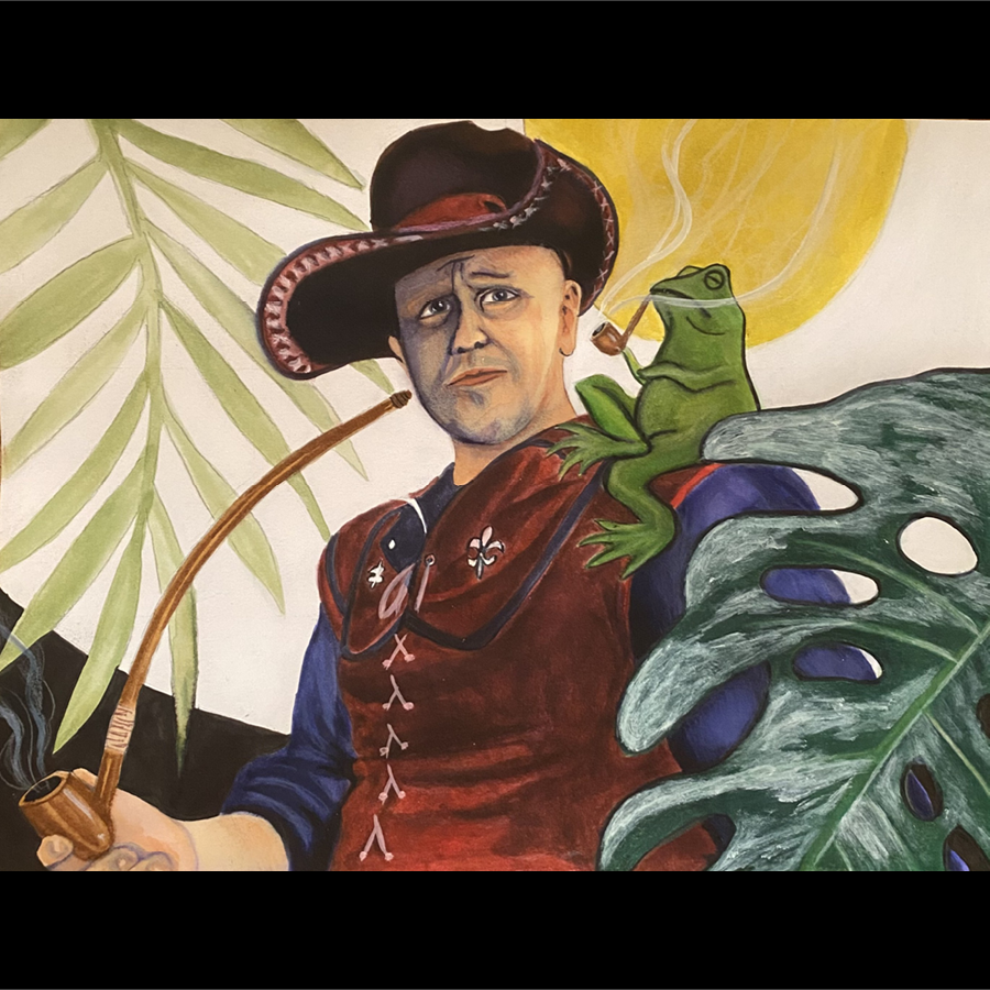 Ink and colored pencil of a man wearing red velvety Renaissance garb. There is a large green frog sitting on his shoulder with one leg crossed. They are both smoking a pipe. Large green leaves and yellow geometric elements in back and foreground.