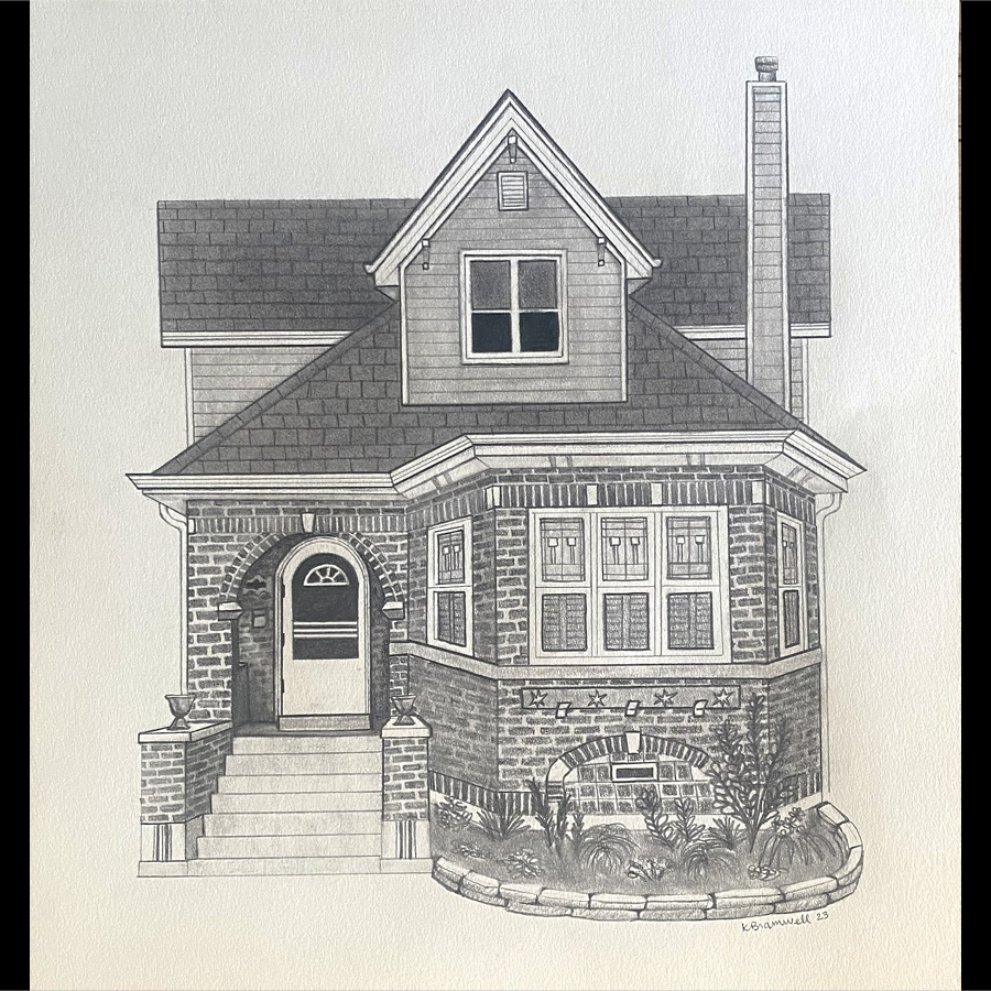 Black and white drawing of a two-story house with brick and siding exterior, front steps, porch, and multiple windows, including a prominent chimney and a landscaped front yard.