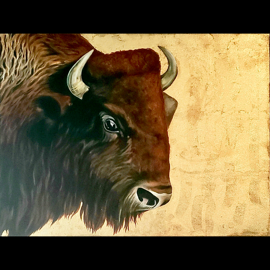 Oil painting of a bison's head, looking to the right, on a gold leaf background.