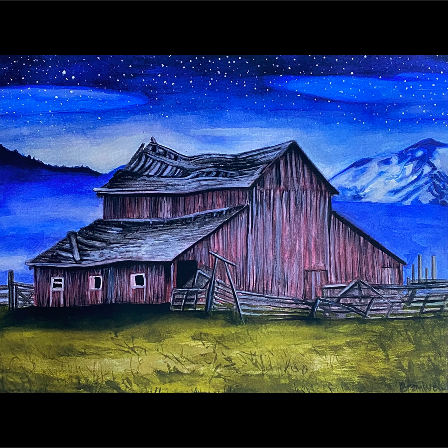 Landscape made with ink and colored pencil of a rustic barn with a damaged roof, surrounded by a fence, set against a mountainous landscape under a starry night sky.