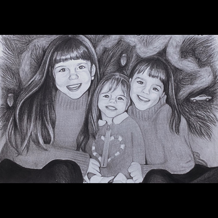 Pencil drawing of three smiling children with long hair, wearing sweaters, sitting on the floor with a Christmas tree the background.