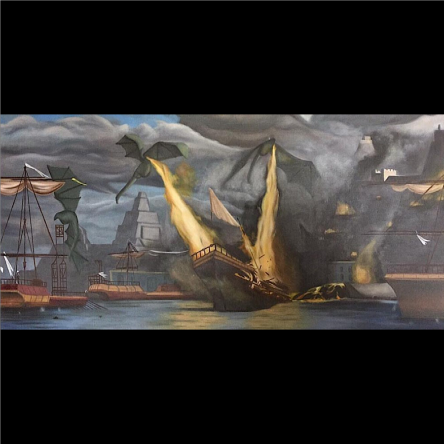 Oil painting depicting a battle scene from a popular tv series, featuring large wooden boats in the sea, some damaged and on fire, with giant dragons breathing fire onto the ships.