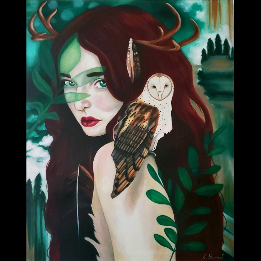 A stylized oil painting of a pale woman with red hair, and antlers, with a young barn owl perched on her shoulder, surrounded by a natural green elements, and partially covered by semi-translucent large plant leaves.