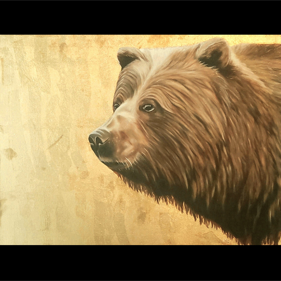 Oil painting of a brown bear's head and upper body, looking to the left, against a golf leaf background.
