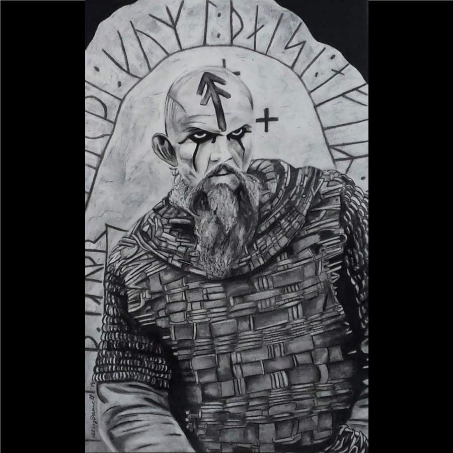 A black and white charcoal drawing of a stern-looking warrior from a popular tv series, with facial paint, a beard, and a mohawk hairstyle, wearing layered armor, with runes and symbols around his head.