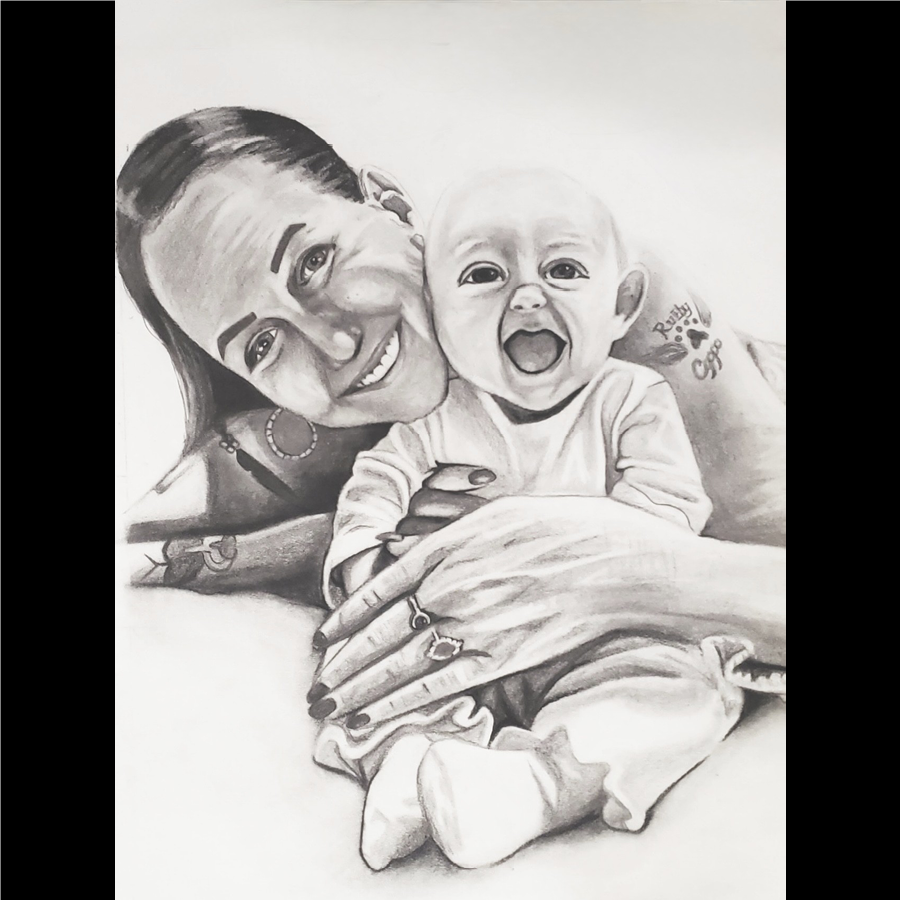 A detailed black and white pencil drawing of a smiling woman holding a happy baby, both looking at the camera.