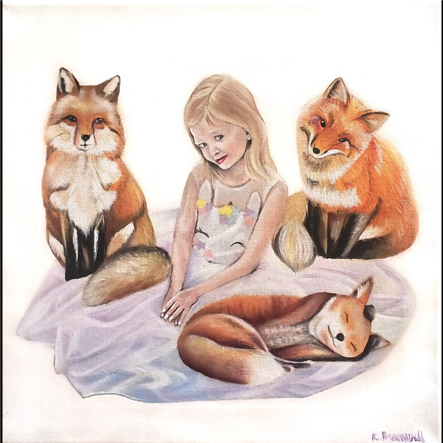 An oil painting of a young girl wearing a pastel unicorn dress, sitting down surrounded by three foxes, two adult foxes sitting and a young pup lying down, curled up on the girl's dress. The background is entirely white.