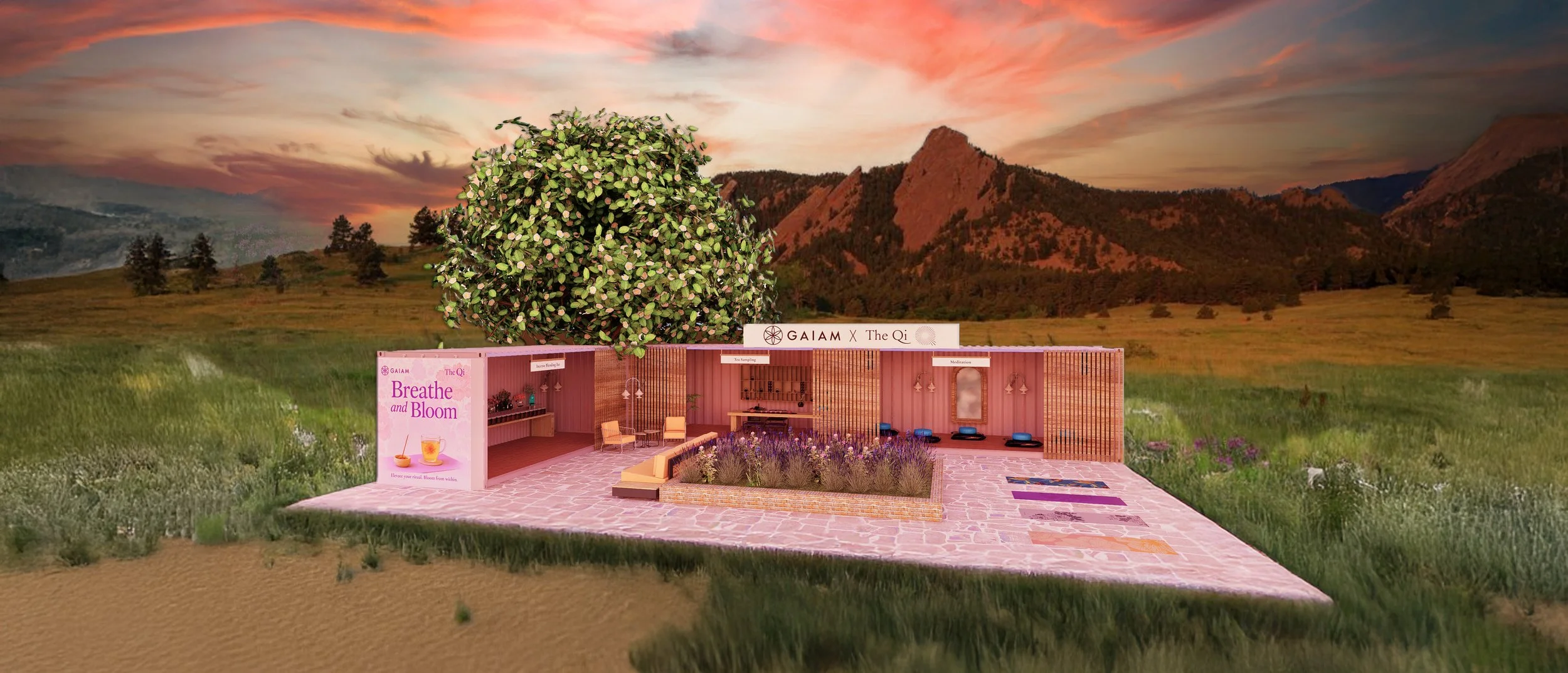 A model of a pop up collaboration, set in a field with mountains and a sunset sky in the background. A sign reads 'Breathe and Bloom' with a graphic of flowers, tea, and incense. Space features meditation, tea, yoga, incense blending, and a garden.