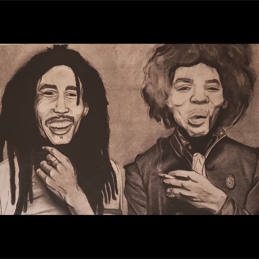 Warm toned black and white charcoal drawing of two men with long hair, smiling and smoking, wearing casual clothing.