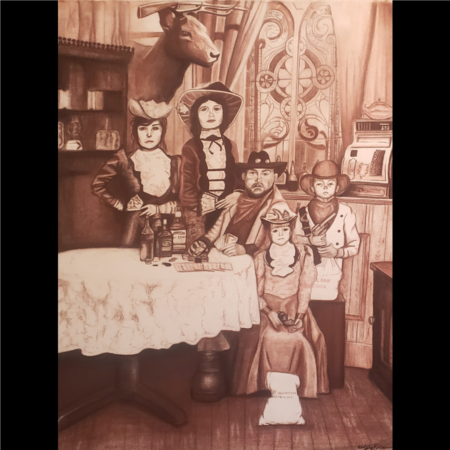 A sepia-toned drawing of a group of five people dressed as cowboys and cowgirls in an Old West setting, with a deer mount on the wall and a wooden interior with a table, cash register, and decorative stained glass window.