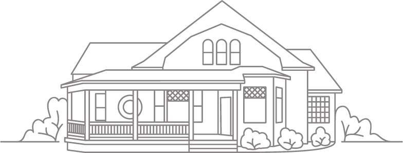 Line drawing of a house with a front porch, multiple rooflines, and surrounding bushes.