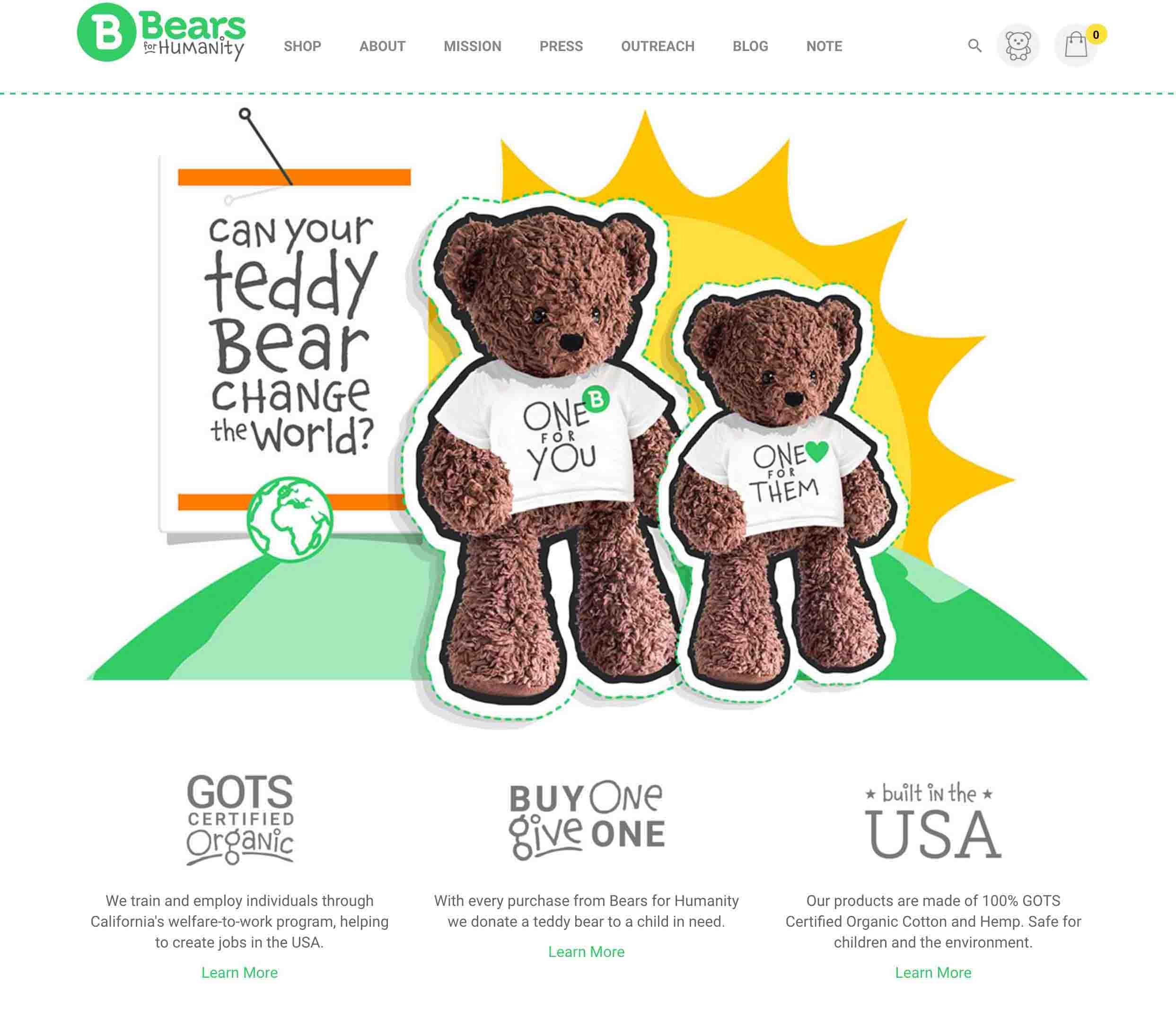 Screenshot showing the old homepage layout for Bears for Humanity