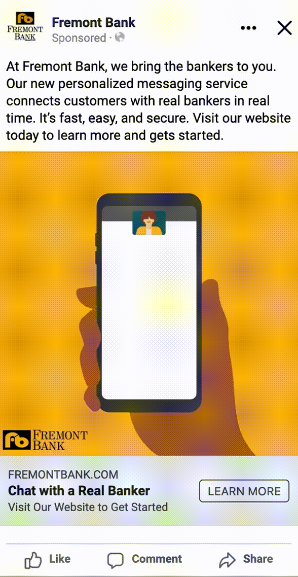 Animated gif of a illustrated cell phone showing a chat with a customer and Fremont Bank