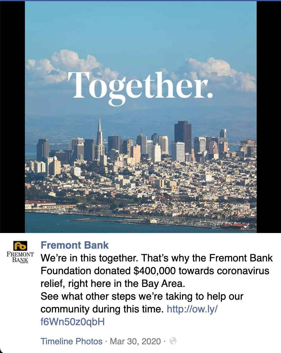 Screenshot of a Fremont Bank Social Media post about the foundation and it's donations.