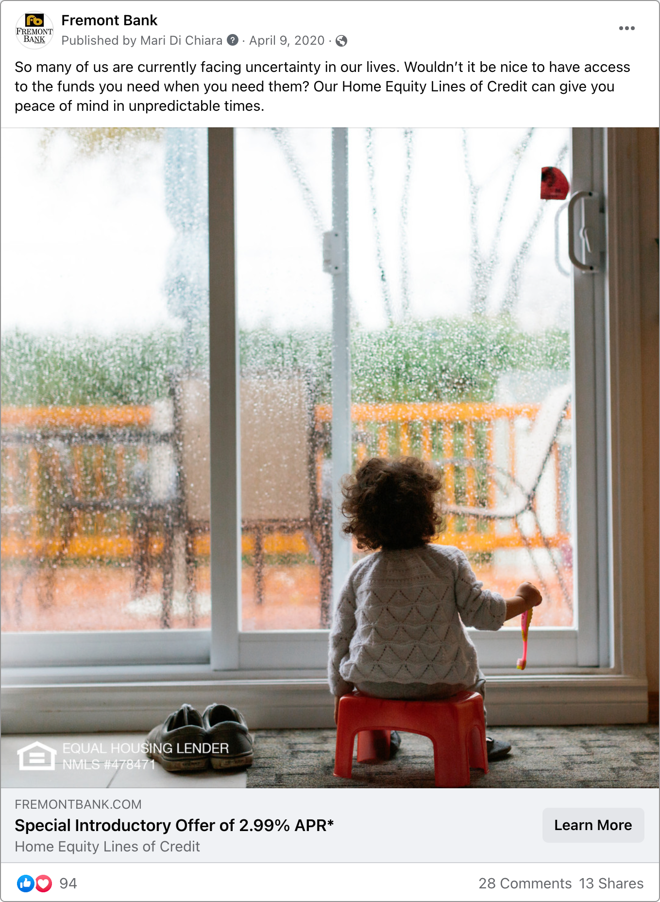 Screenshot of a social media post about Fremont Bank.