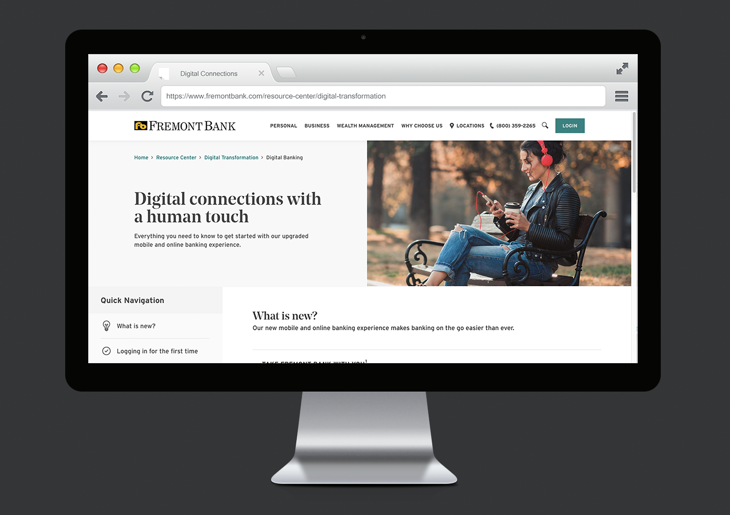 Computer screen with Fremont Bank landing page for clients.