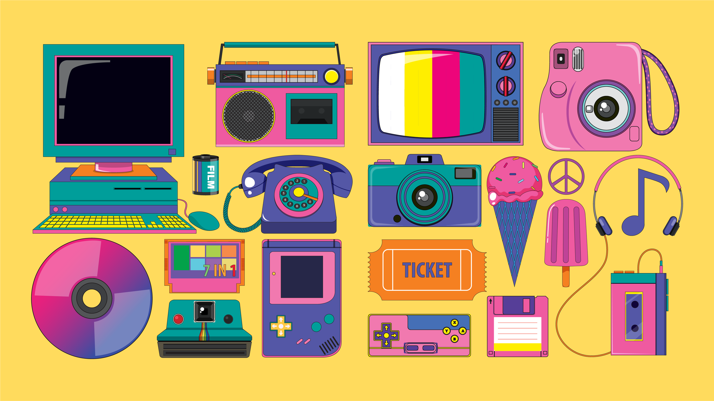 Illustration showing legacy media and older pop culture items.