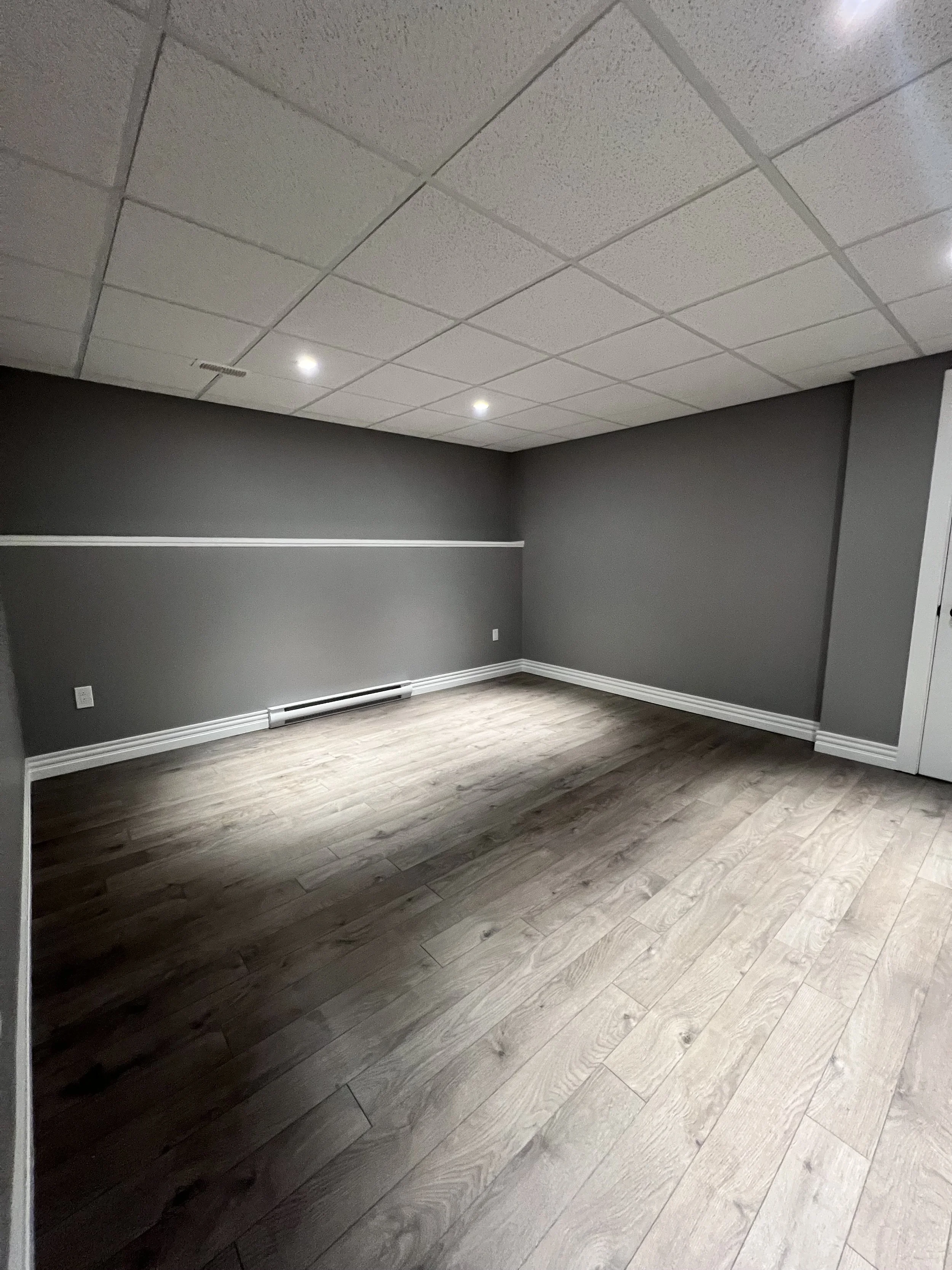 Empty room with gray walls, white trim, wood flooring, and ceiling with recessed lighting.