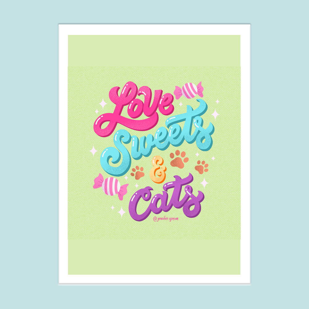 5 x 7 Love Sweets and Cats Print