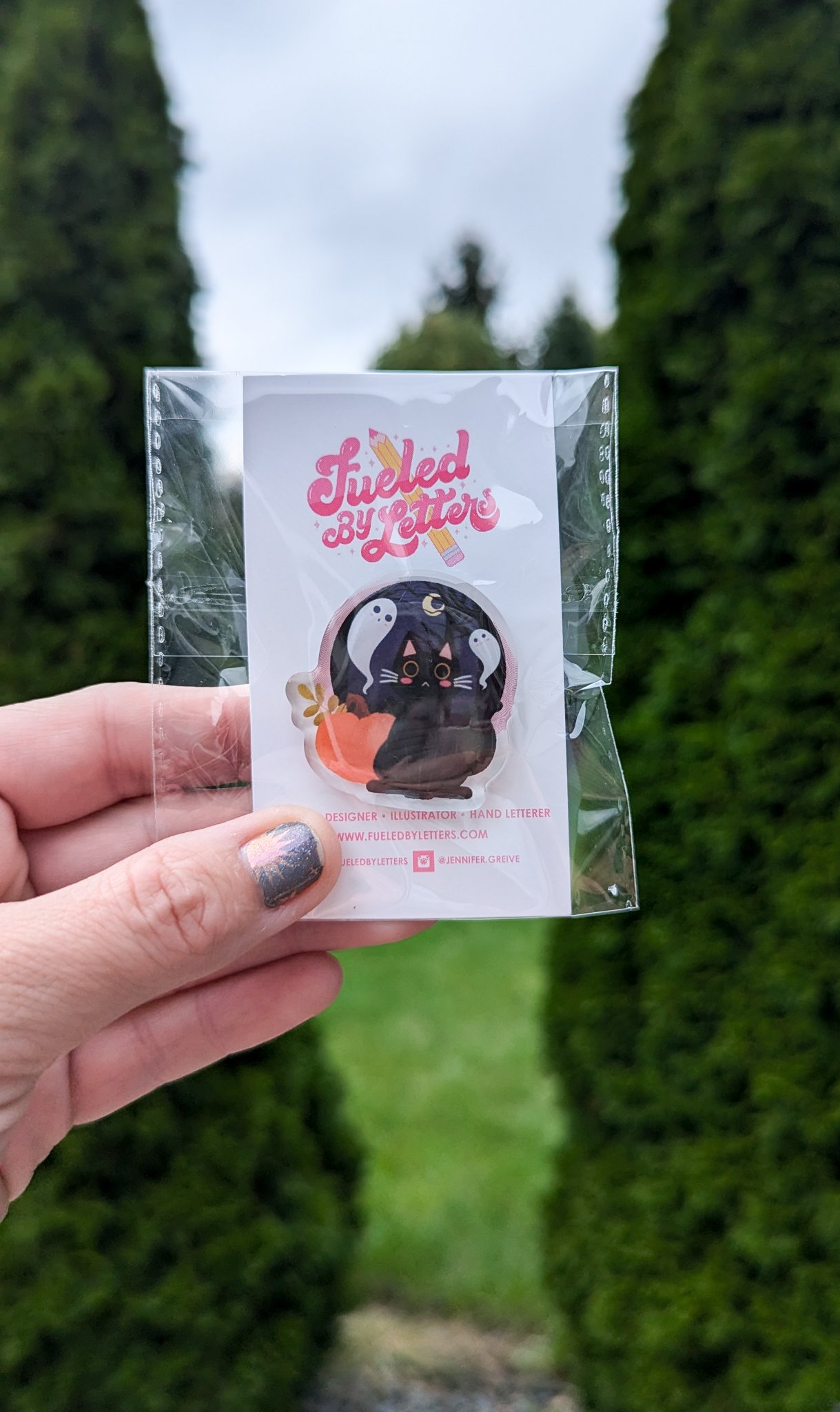 Halloween Cat with Pumpkin and  Ghosts Acrylic Pin