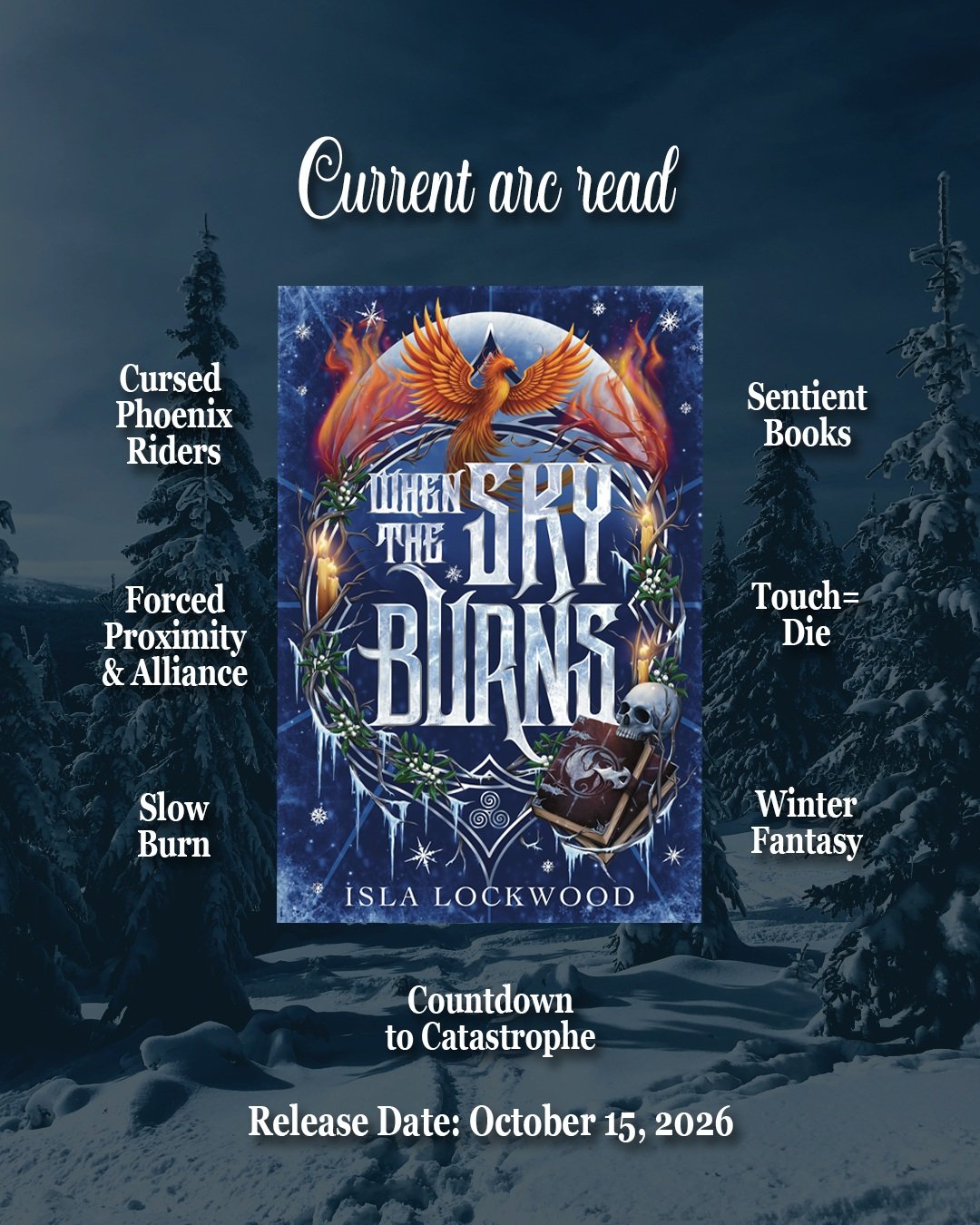My Current Arc Read! I am 116 pages in and already quite enjoying it. Instead of Dragons you have Phoenixes! 🔥 

About the book that I got from the Author's Page---

Twelve perilous nights of Yule.

One ancient curse.

Two men who sought to contain 