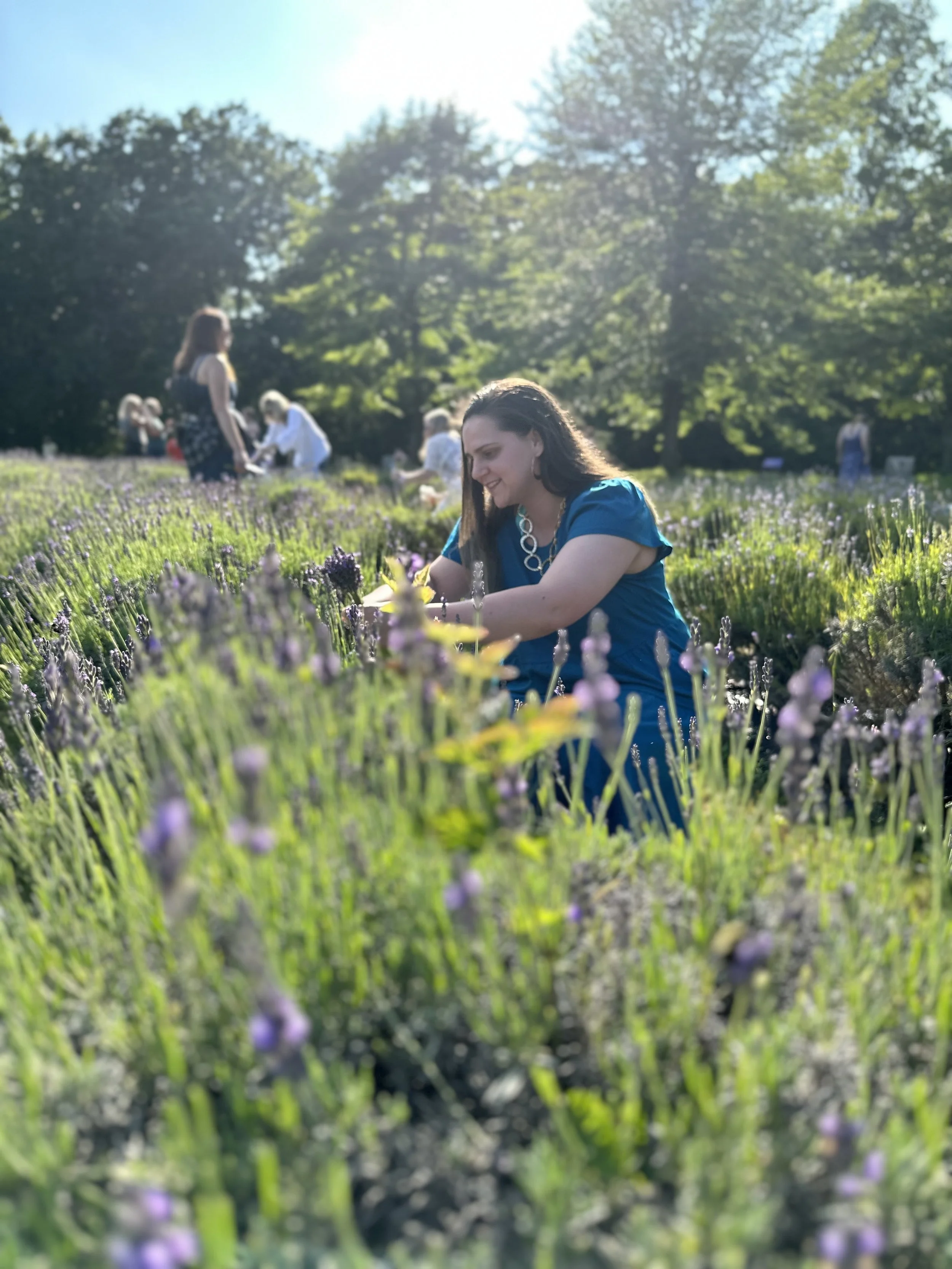 A woman in a blue dress crouches among lavender flowers, smiling and enjoying the outdoors on a sunny day. In the background, other people are also gathering and walking in the lavender field, surrounded by green trees.