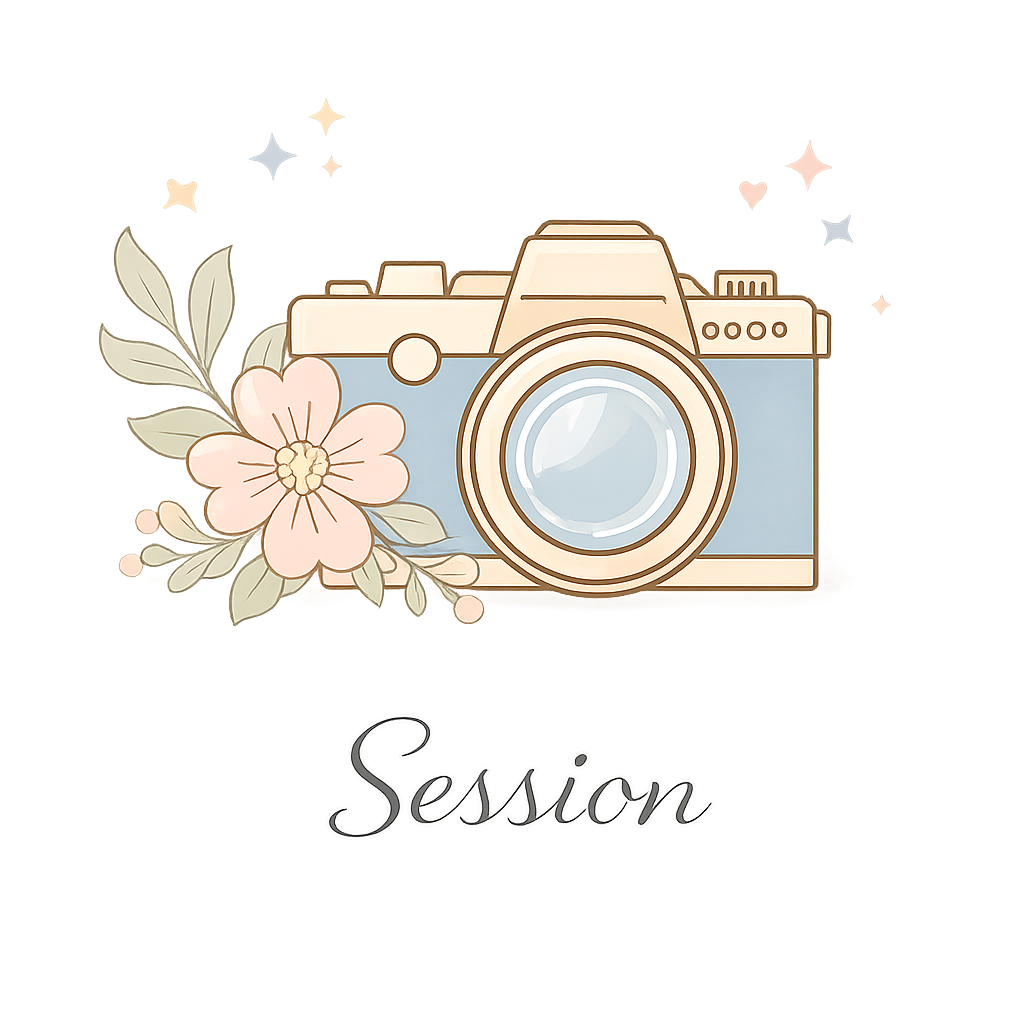 An illustrated vintage camera with pink flowers and green leaves, with the word "Session" written below.
