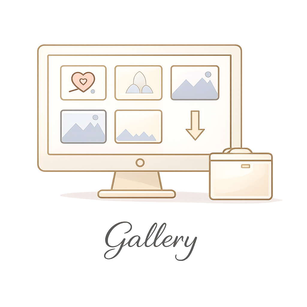 Digital illustration of a computer monitor displaying photo gallery icons, with a beige briefcase in front and the word 'Gallery' written below.