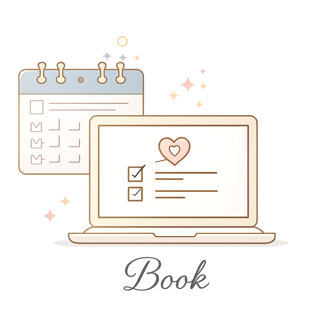 Laptop and calendar with checkmarks, digital graphic on a dark background, with the word 'Book' written below.