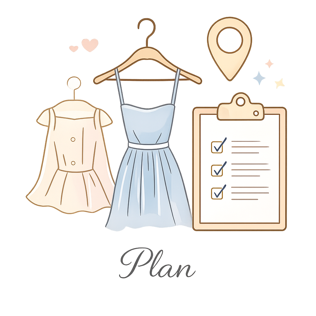 An illustration of two dresses hanging on hangers, a clipboard with checkmarks, a location pin, and a heart, with the word 'Plan' at the bottom.
