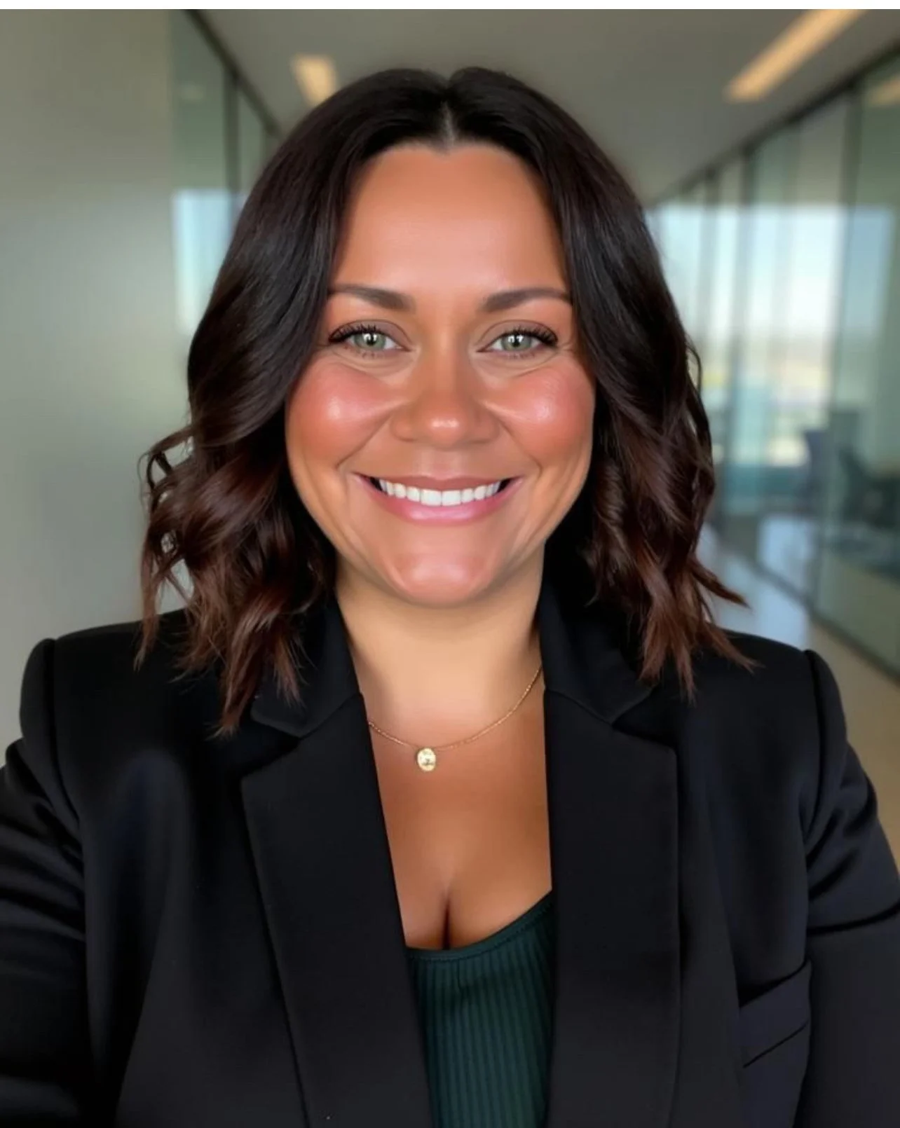 A woman with medium-length wavy dark brown hair smiling, wearing a black blazer with a dark green top and a delicate gold necklace, in a modern office setting with glass walls.