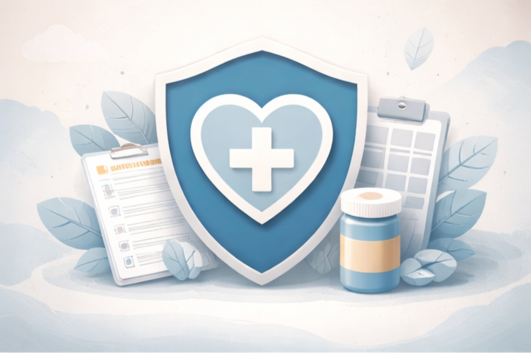 Illustration of a healthcare shield with a medical cross, surrounded by a clipboard, calendar, medication bottle, and leaves.