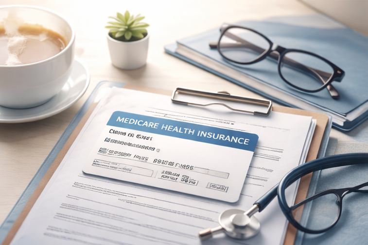 Desk with paperwork, a Medicare health insurance card, eyeglasses, a stethoscope, a cup of coffee, and a small potted plant.