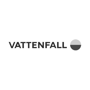 Vattenfall-logotyp med svart text och grå cirkel framför en svart bakgrund.