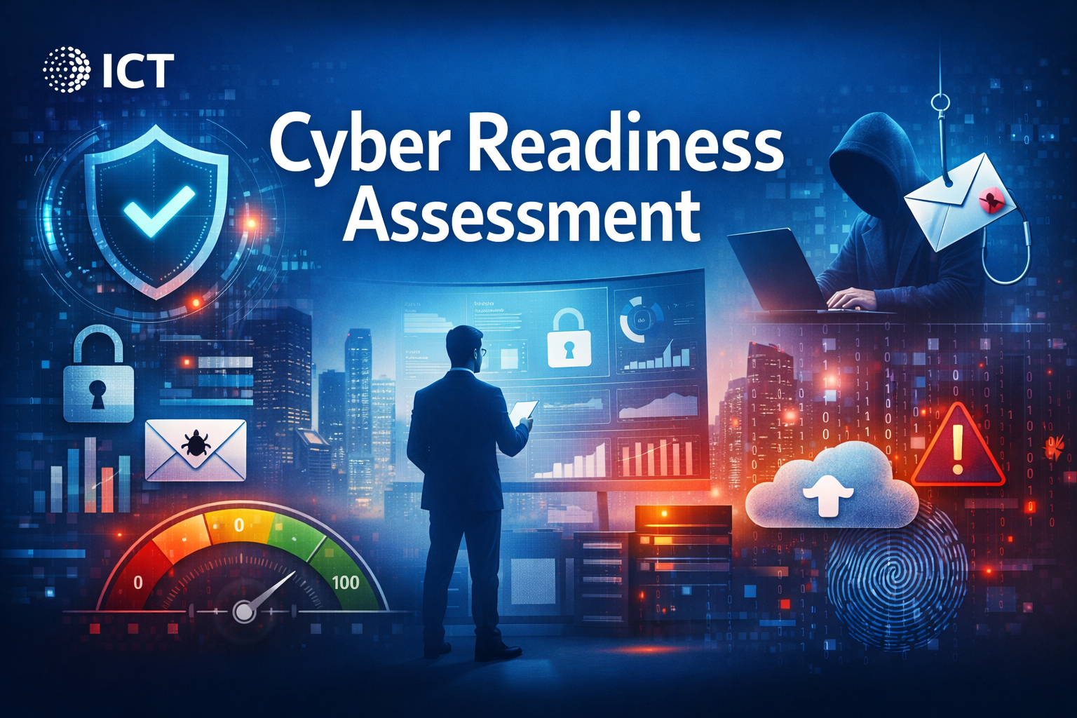 Bild av en cyber readiness assessment med digitala ikoner, en person i kostym som tittar på skärmar med säkerhetsgrafik, och en hacker i hoodie som använder en bärbar dator, med städer i bakgrunden och ikoner för moln, lås, varningssymboler och fingeravtryck.