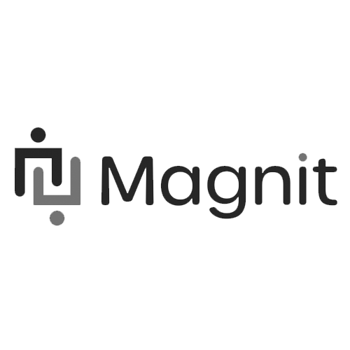 Logotyp för Magnit med en ikon som kombinerar en fyrkantig form och cirklar, samt texten 'Magnit'.