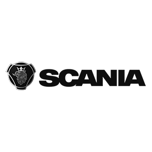 Scania-logotyp med en vildsvinspanna och texten 'SCANIA' bredvid.