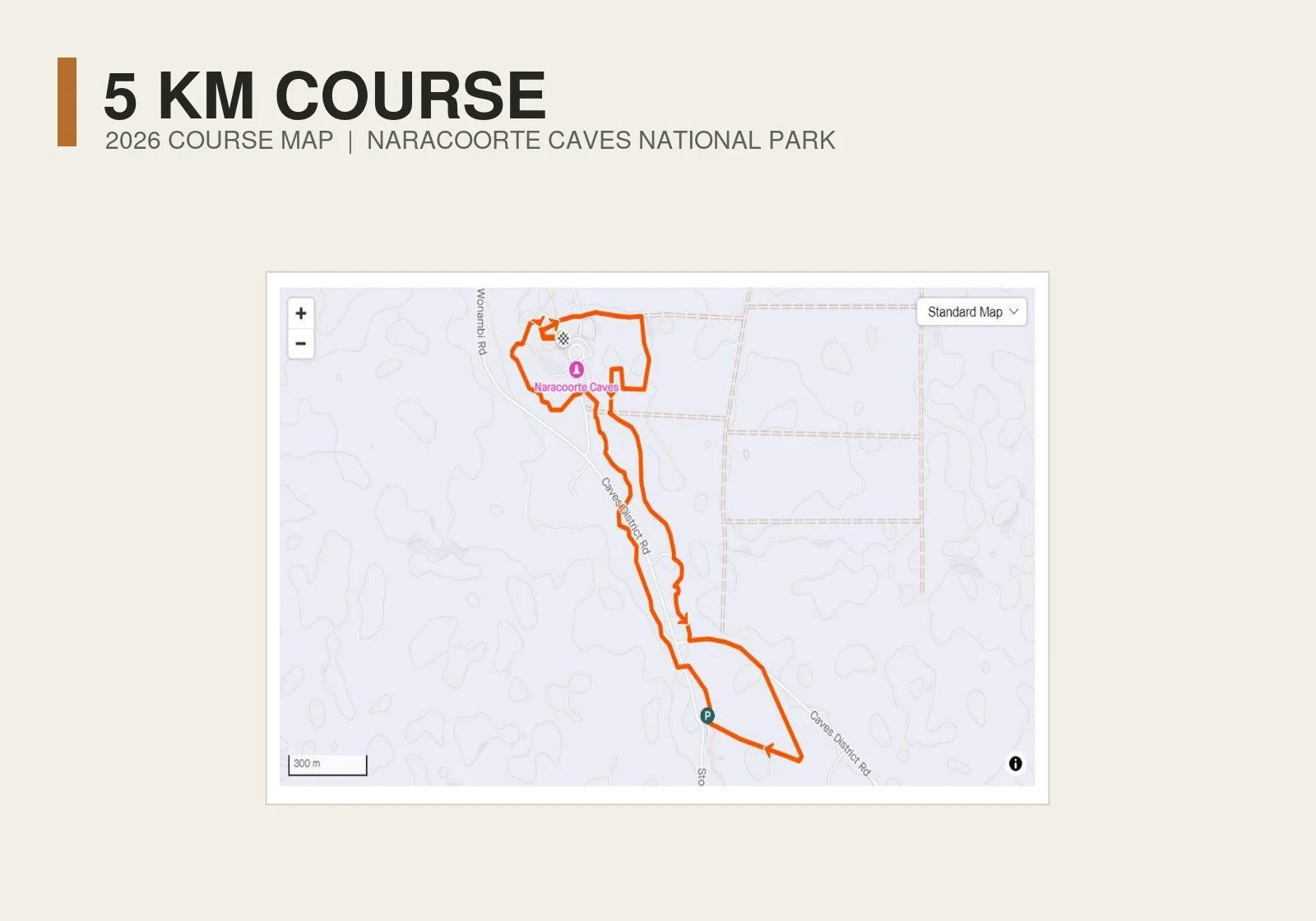 Cave Run 2026 5 km course map through Naracoorte Caves National Park.
