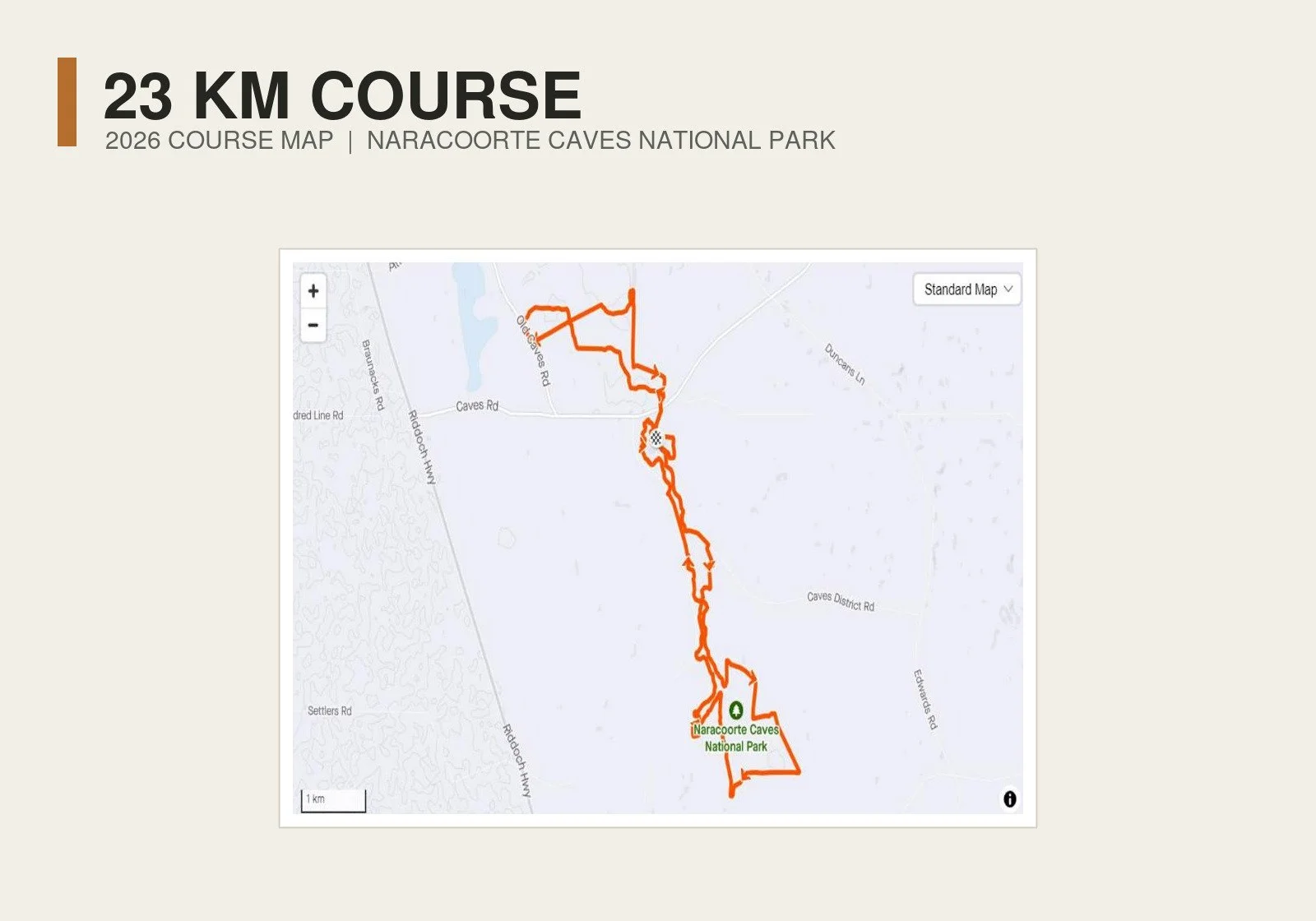 Cave Run 2026 23 km course map through Naracoorte Caves National Park.