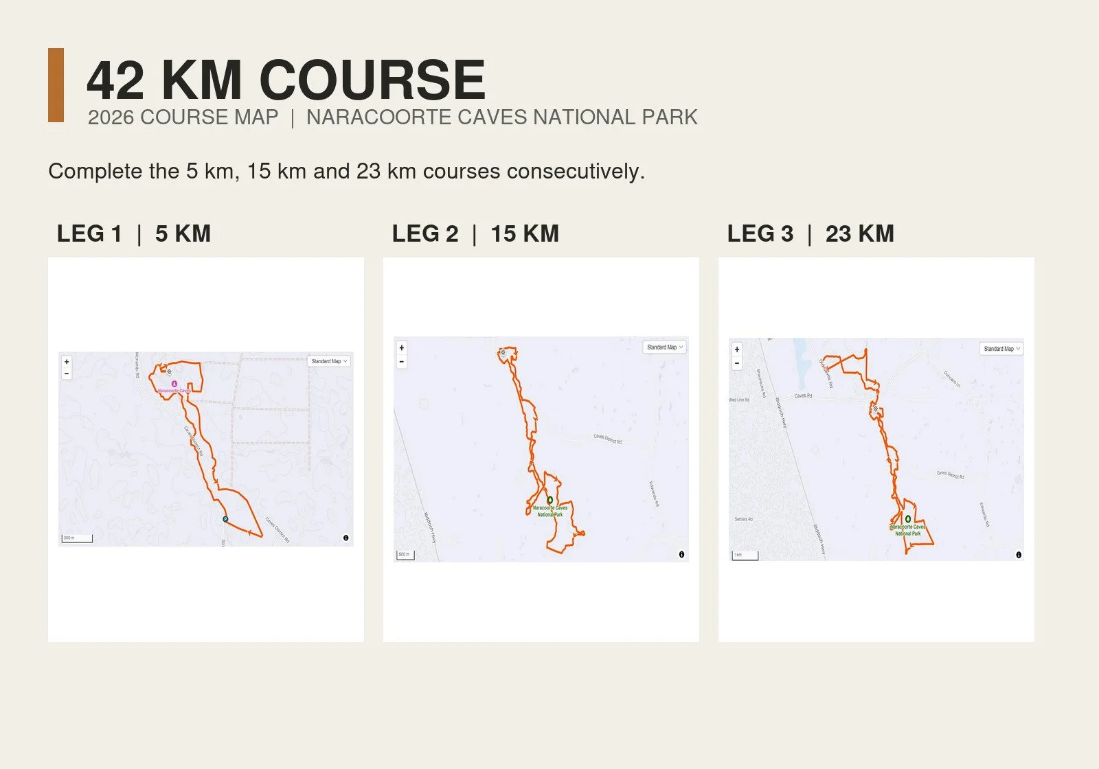Cave Run 2026 42 km course map showing the 5 km, 15 km and 23 km courses completed consecutively.