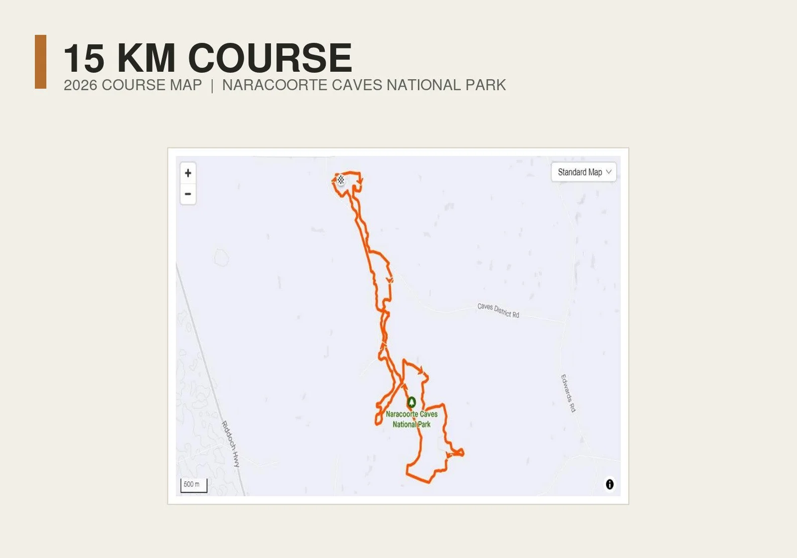 Cave Run 2026 15 km course map through Naracoorte Caves National Park.