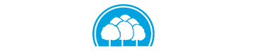 Logo featuring a house with three trees inside a blue circle
